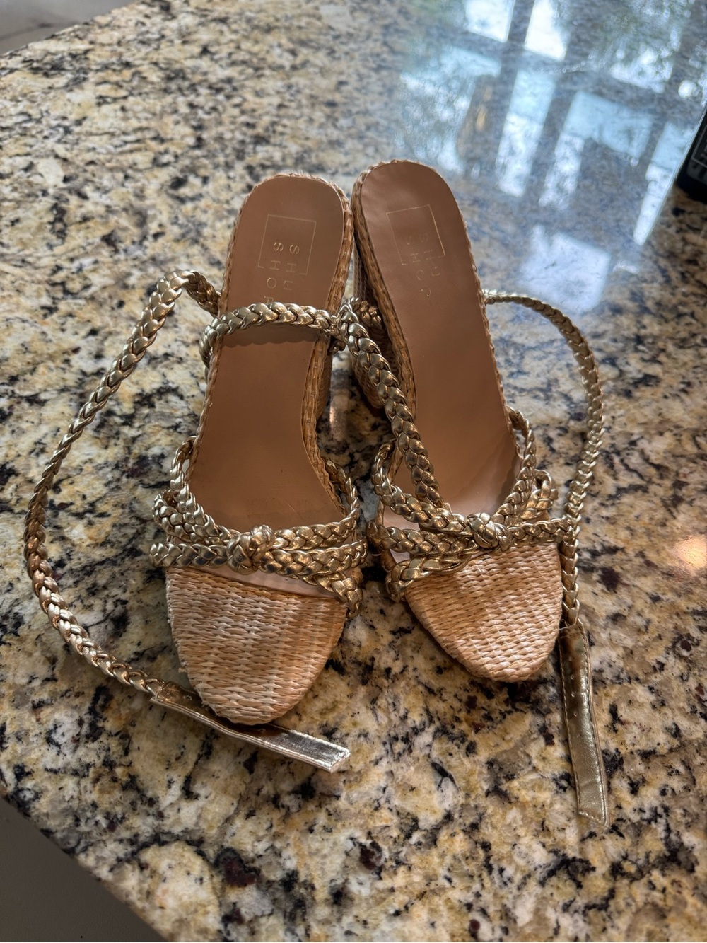 SHU SHOP Helen Gold Braided Raffia Block Heel Sandals